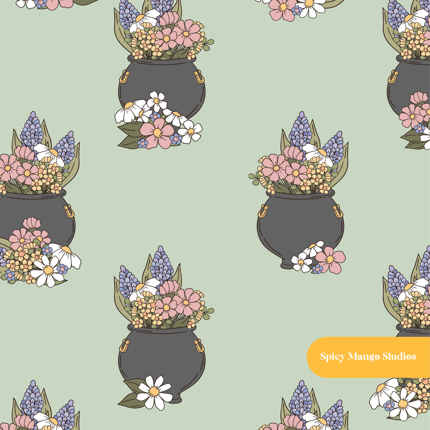 Fall Sage Cauldron Floral Seamless Pattern