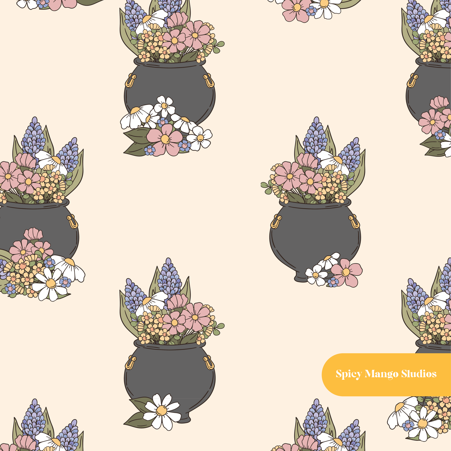 Neutral Cauldron Floral Seamless Pattern
