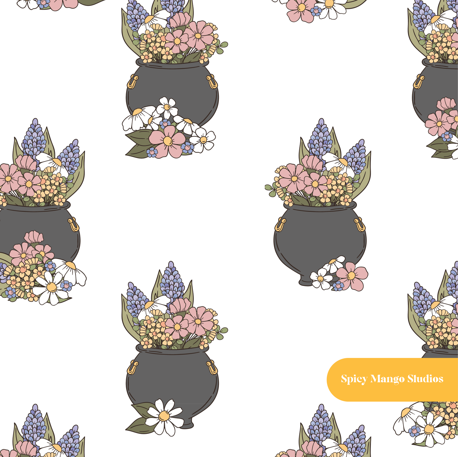 White Cauldron Floral Seamless Pattern
