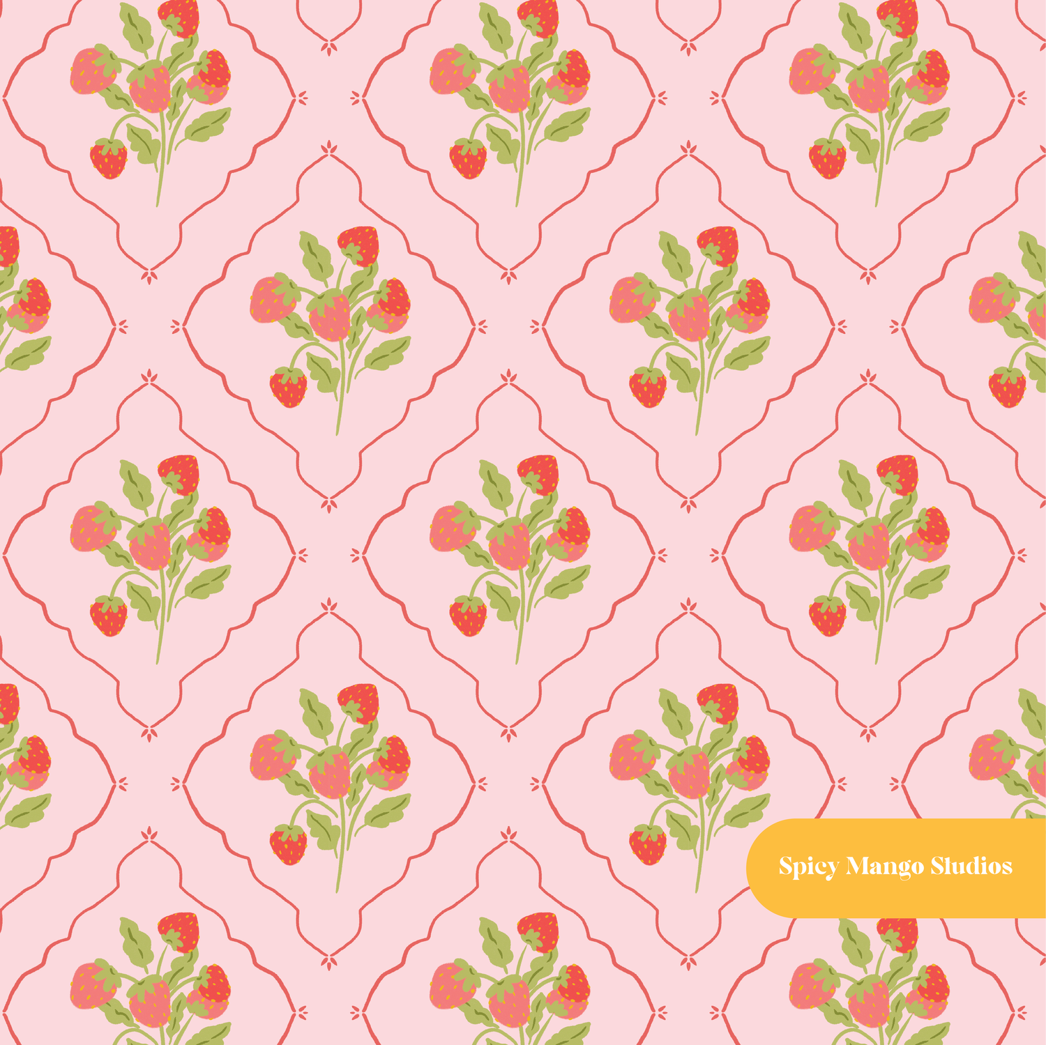 Pink and Red Cottagecore Strawberry Seamless Pattern