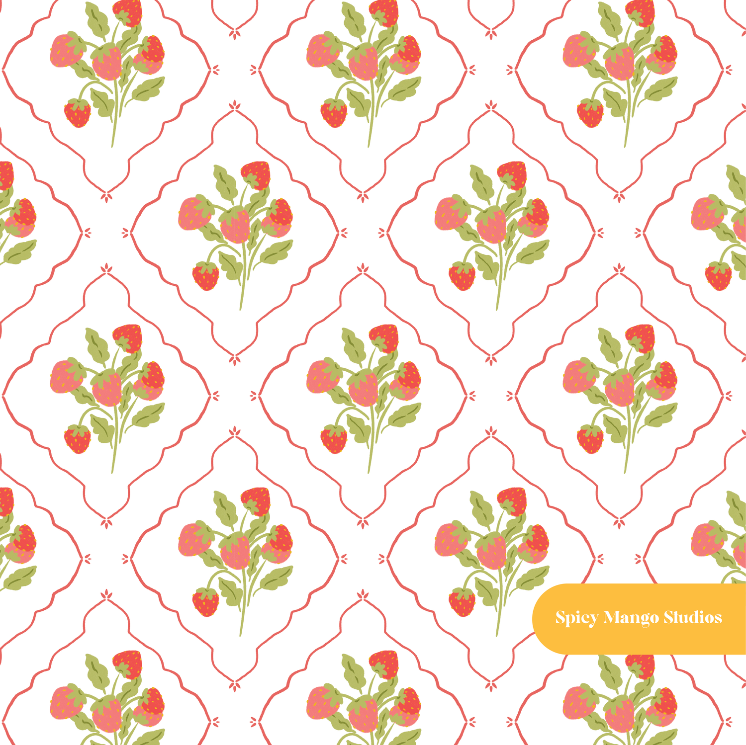White and Red Cottagecore Strawberry Seamless Pattern