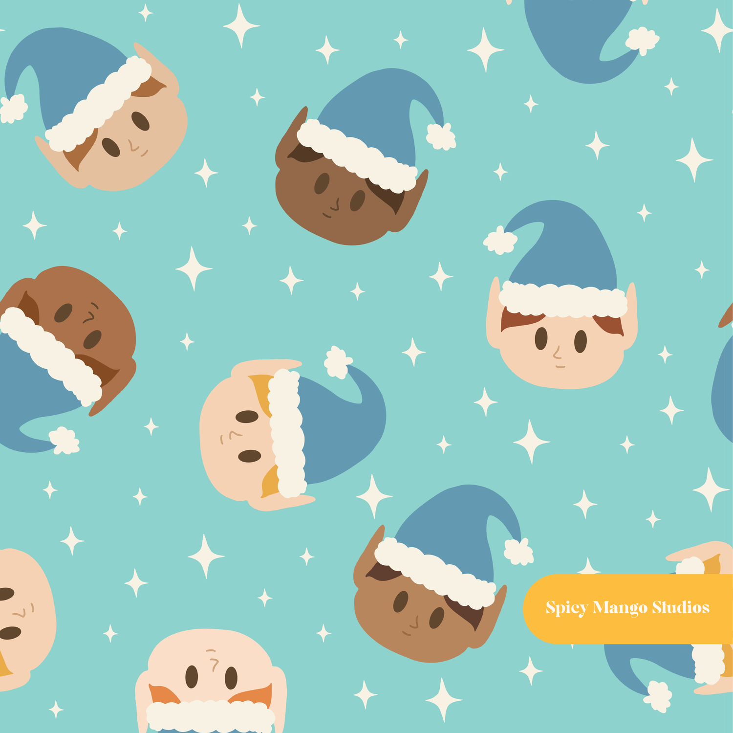 Aqua Christmas Elves Seamless Pattern