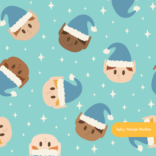Aqua Christmas Elves Seamless Pattern