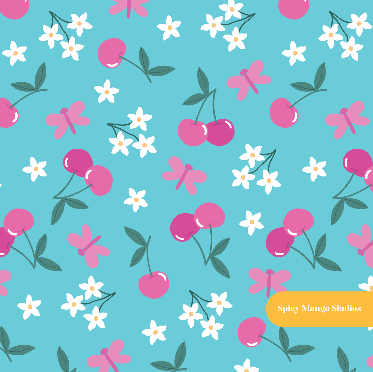 Aqua Cherry Floral Seamless Pattern
