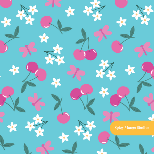Aqua Cherry Floral Seamless Pattern