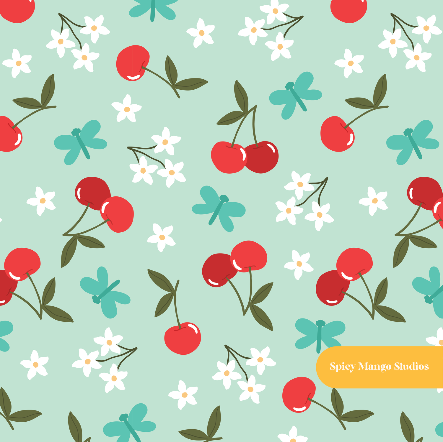 Mint Cherry Floral Seamless Pattern