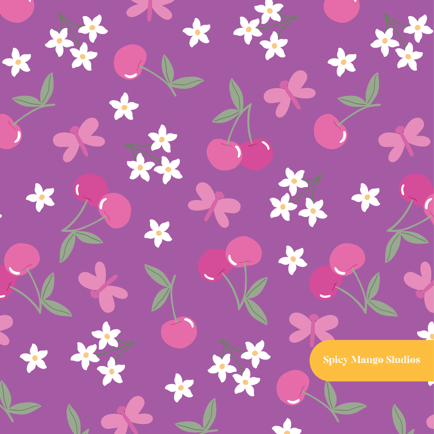 Purple Cherry Floral Seamless Pattern