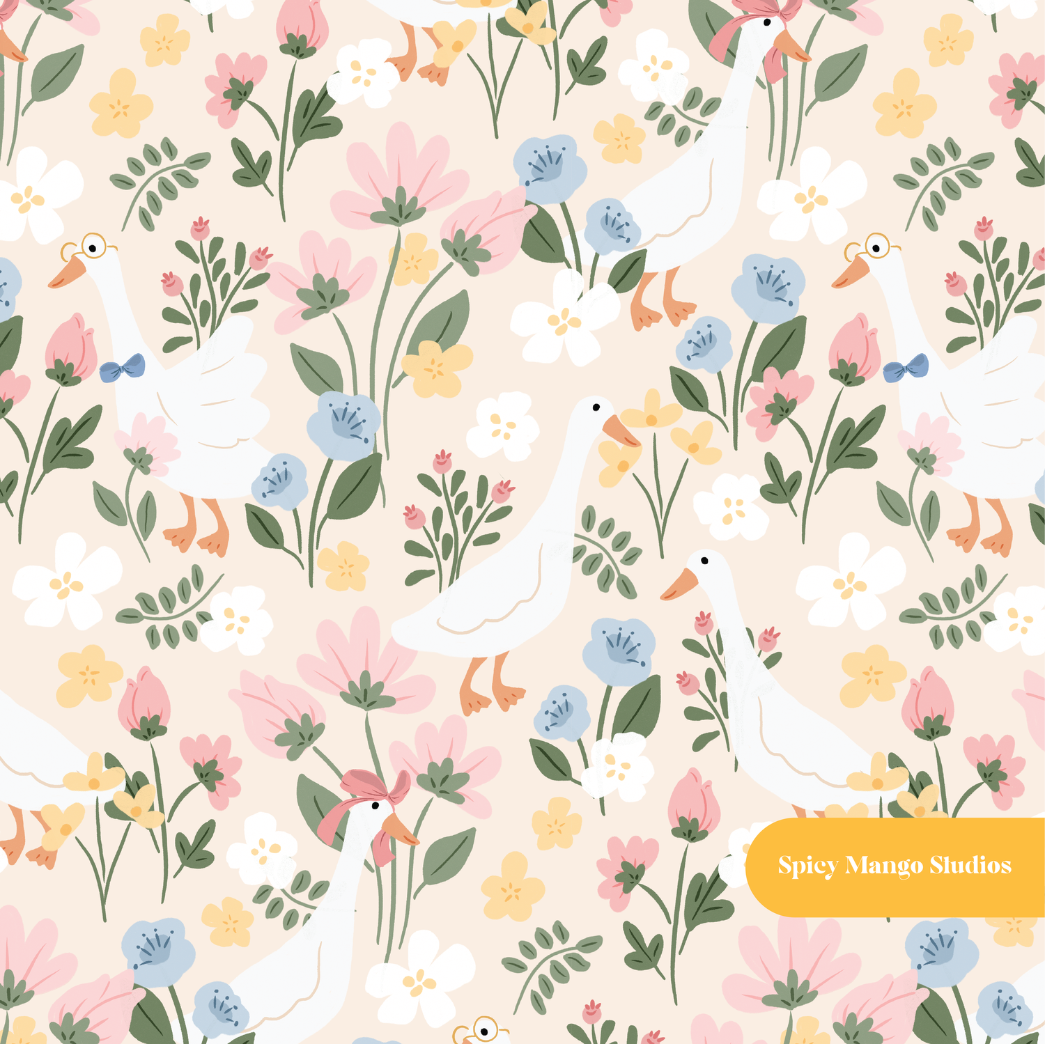 Beige Cute Goose Floral Seamless Pattern