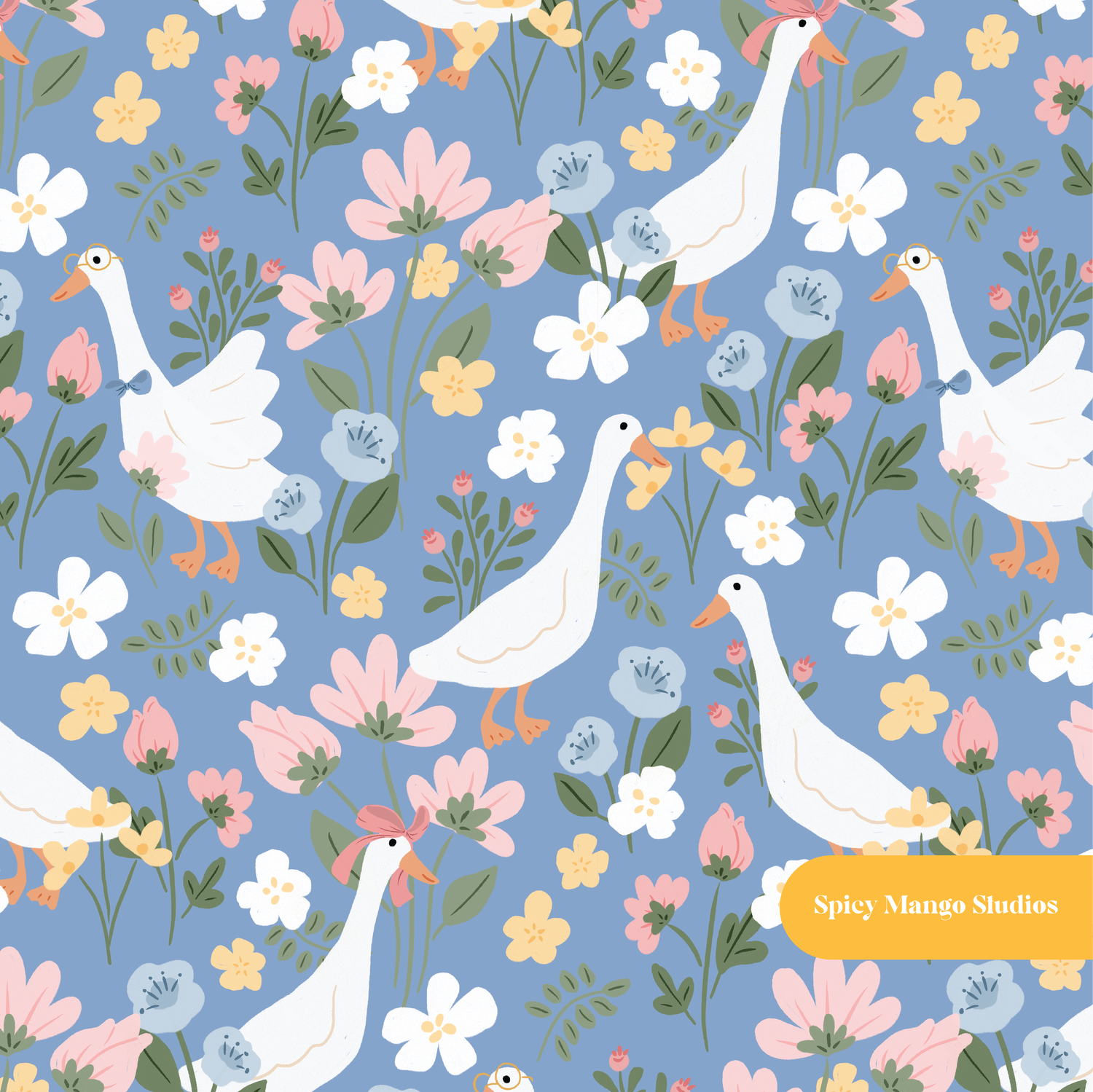 Blue Cute Goose Floral Seamless Pattern