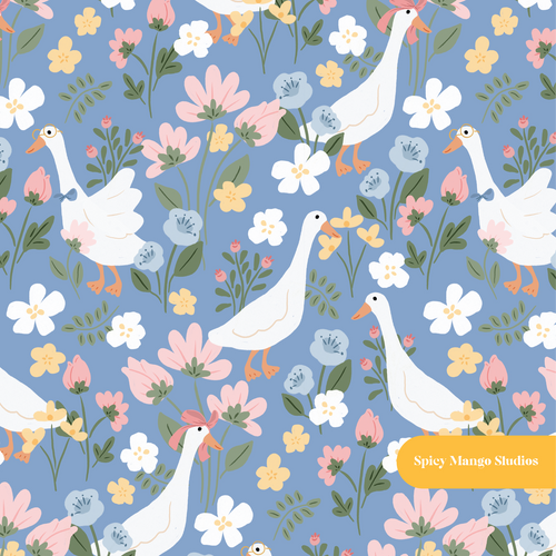 Blue Cute Goose Floral Seamless Pattern