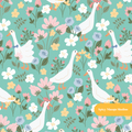 Green Cute Goose Floral Seamless Pattern