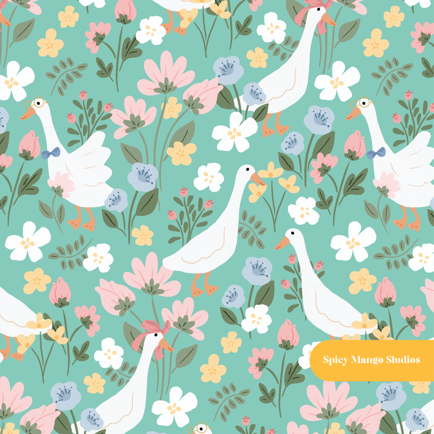 Green Cute Goose Floral Seamless Pattern