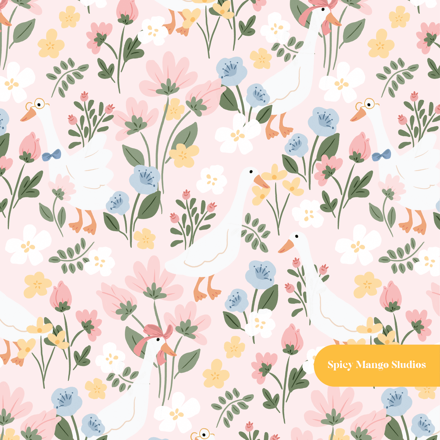 Pink Cute Goose Floral Seamless Pattern