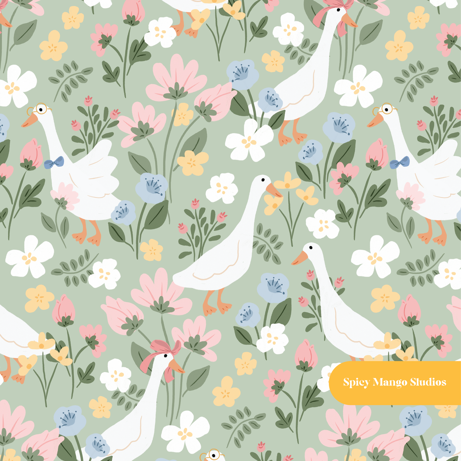 Sage Cute Goose Floral Seamless Pattern