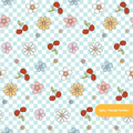 Aqua Checker Cherry Floral Seamless Pattern