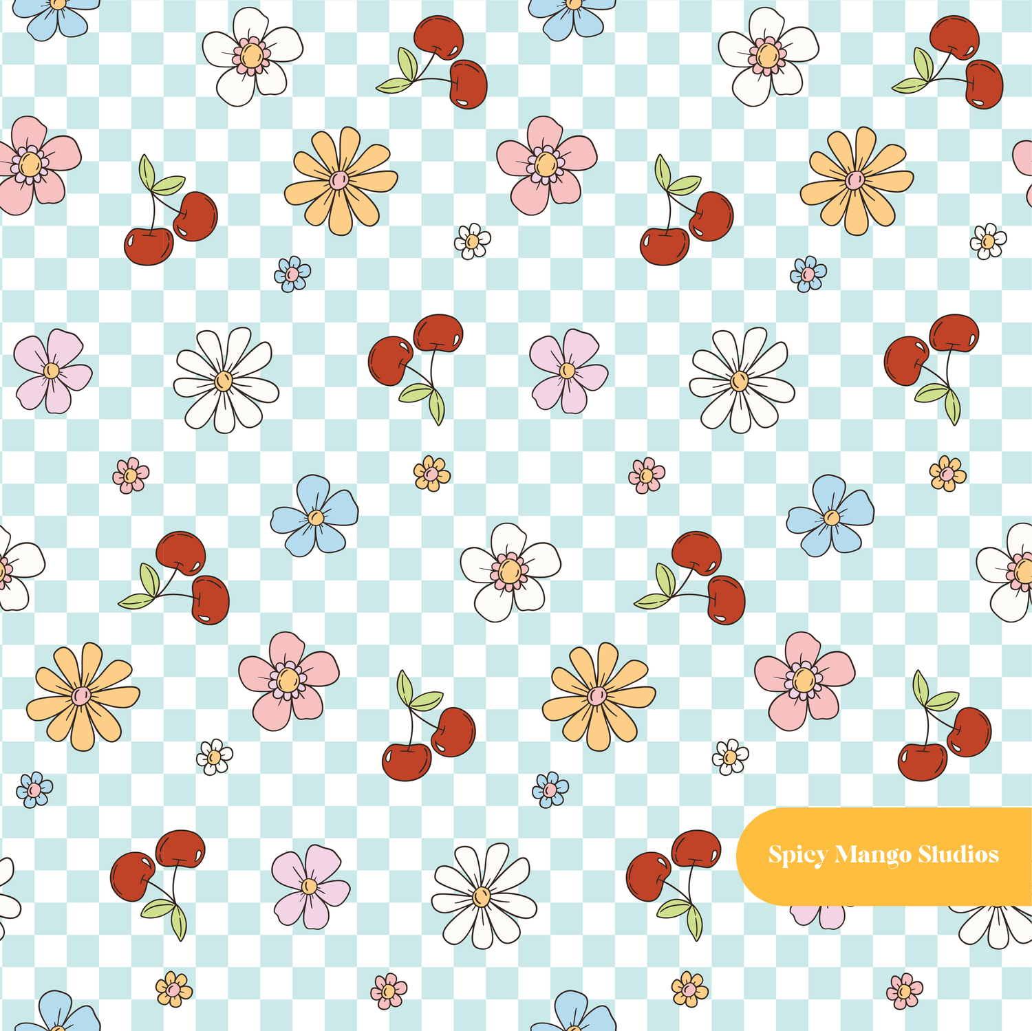 Aqua Checker Cherry Floral Seamless Pattern