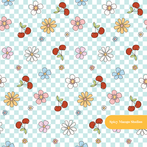 Aqua Checker Cherry Floral Seamless Pattern