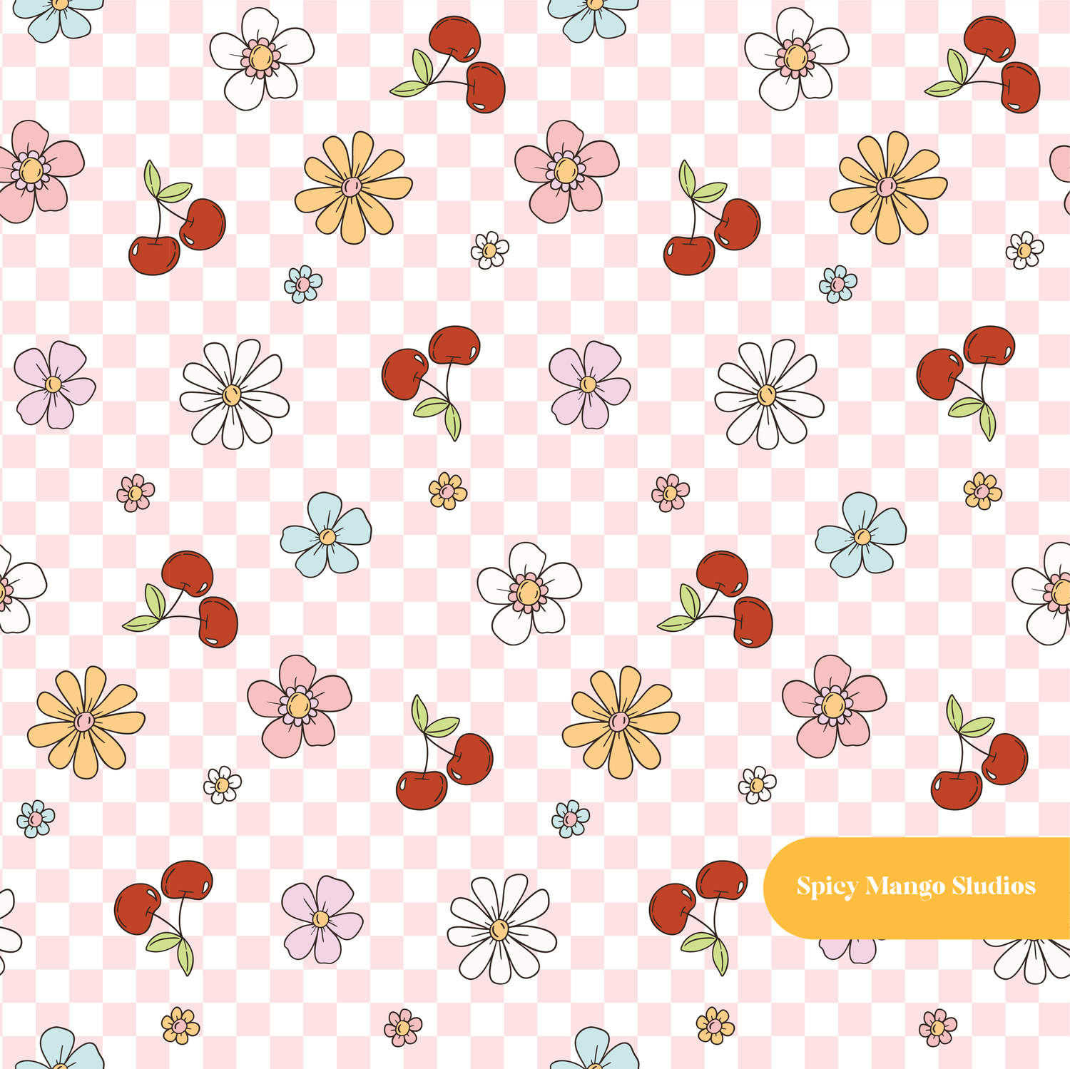 Pink Checker Cherry Floral Seamless Pattern