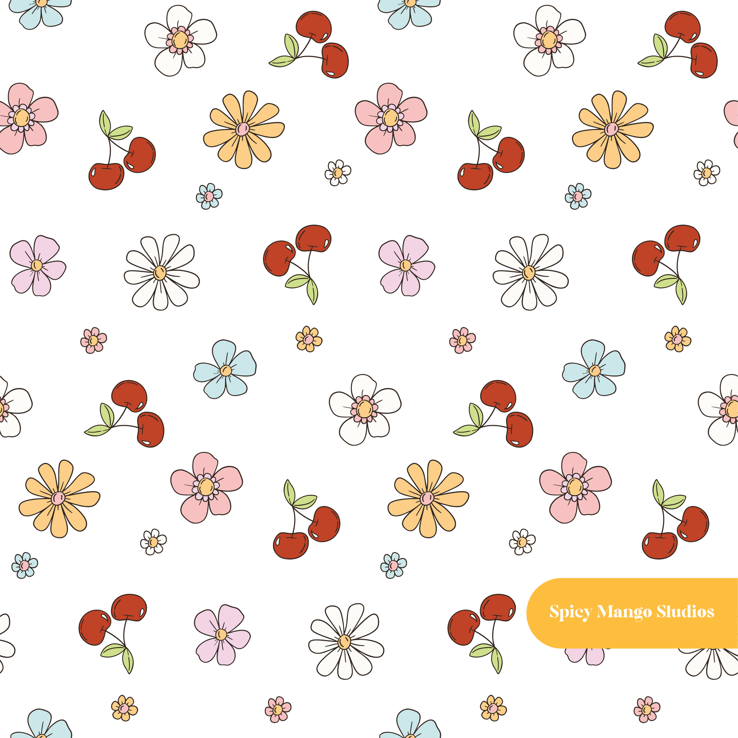 White Cherry Floral Seamless Pattern
