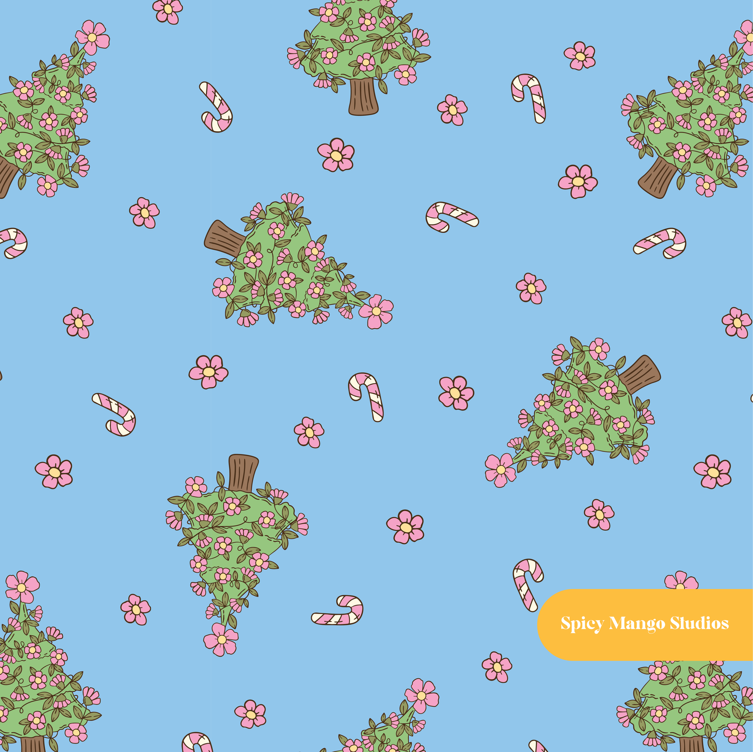 Blue and Pink Christmas Tree Floral Seamless Pattern