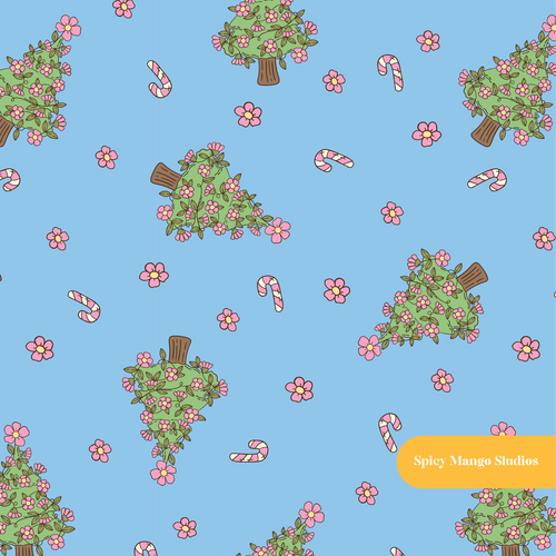 Blue and Pink Christmas Tree Floral Seamless Pattern