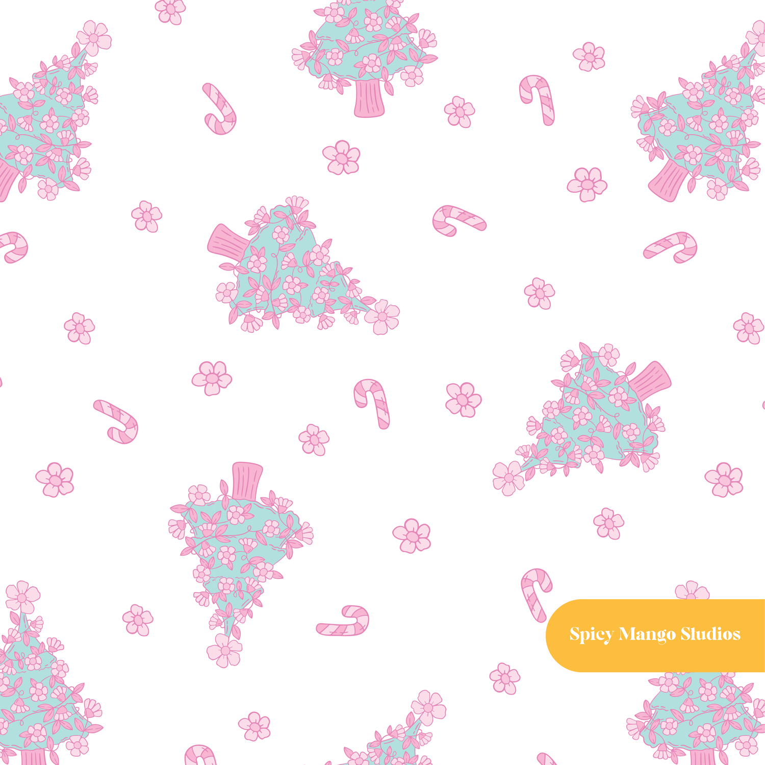 Pink and Teal Christmas Tree Floral Seamless Pattern