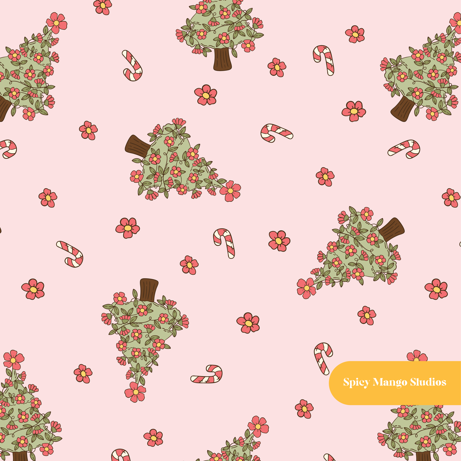 Red and Green Christmas Tree Floral Seamless Pattern