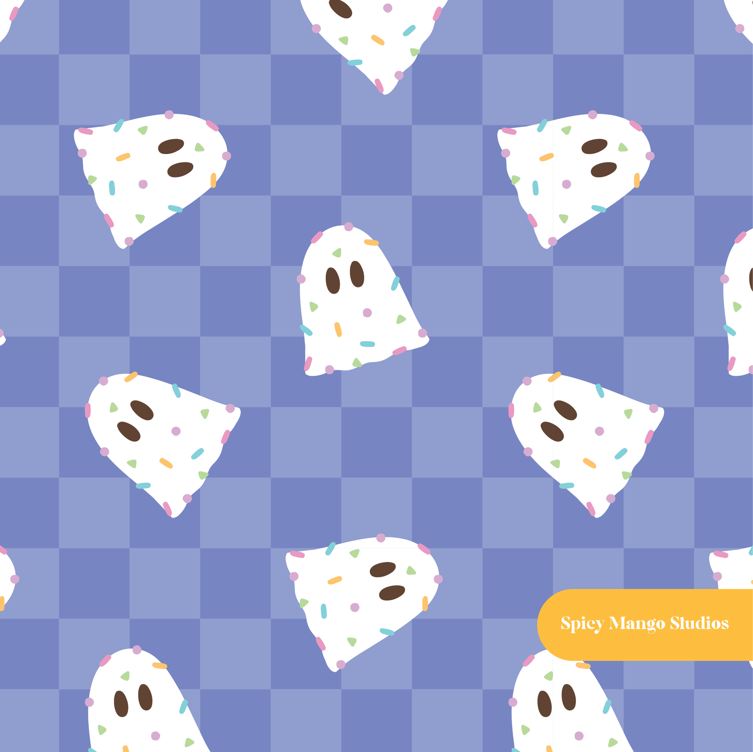 Blue Checker Confetti Ghosts Seamless Pattern