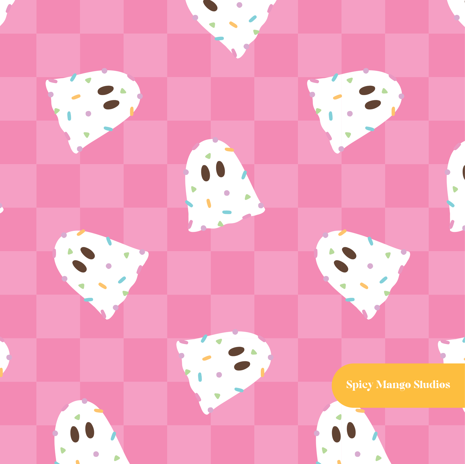 Pink Checker Confetti Ghosts Seamless Pattern