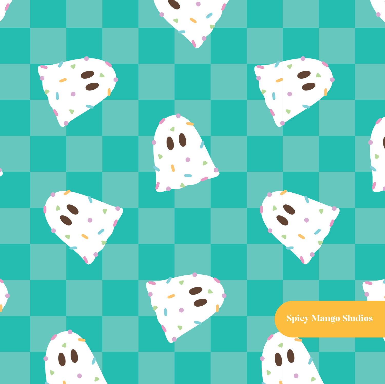 Aqua Checker Confetti Ghosts Seamless Pattern