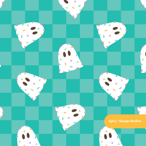 Aqua Checker Confetti Ghosts Seamless Pattern