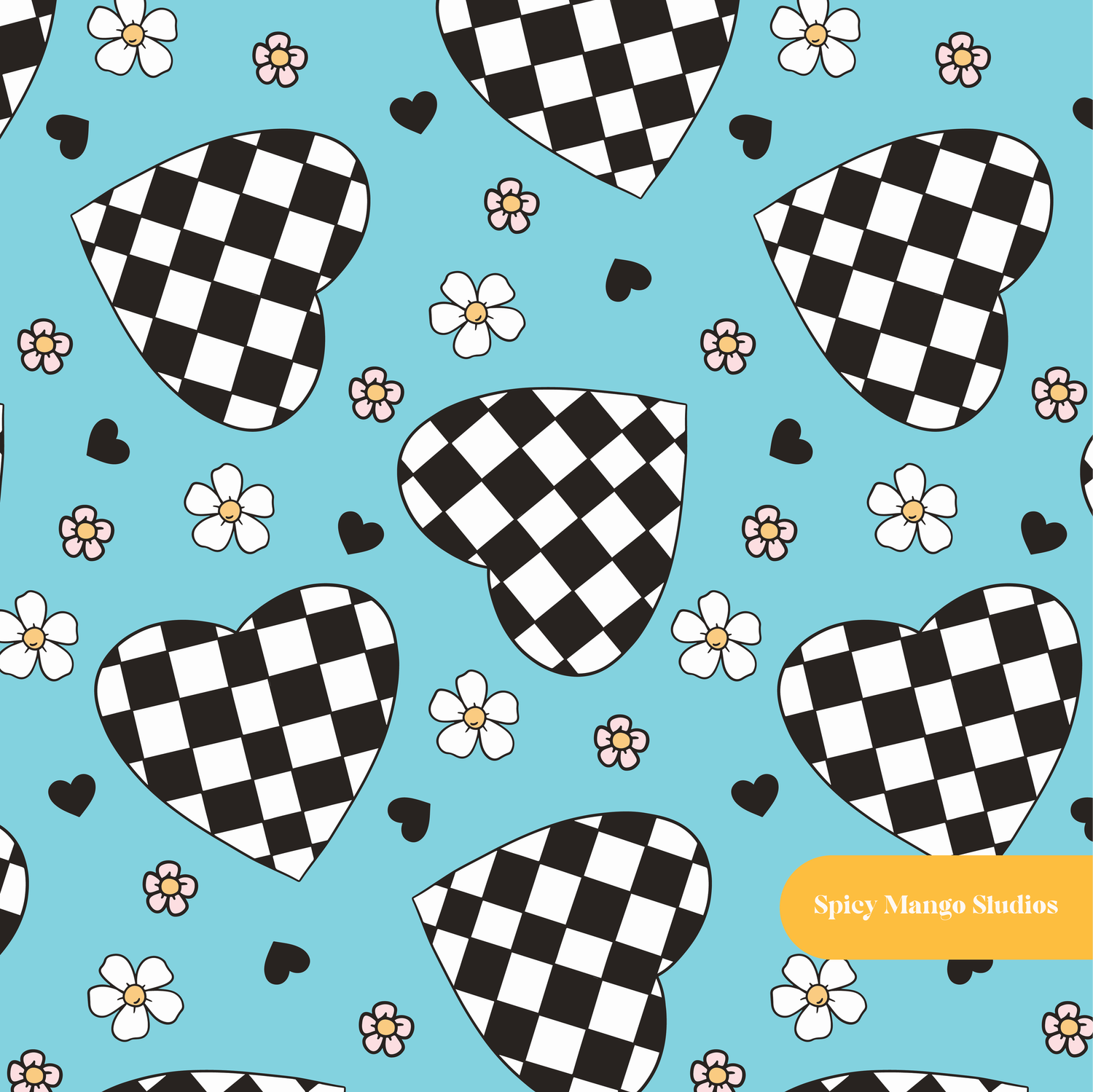 Aqua Checkered Hearts Seamless Pattern