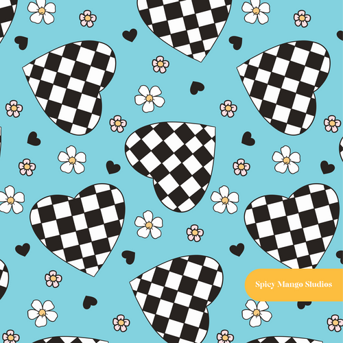 Aqua Checkered Hearts Seamless Pattern