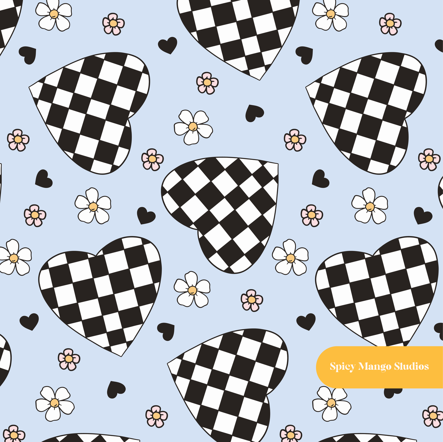 Light Blue Checkered Hearts Seamless Pattern