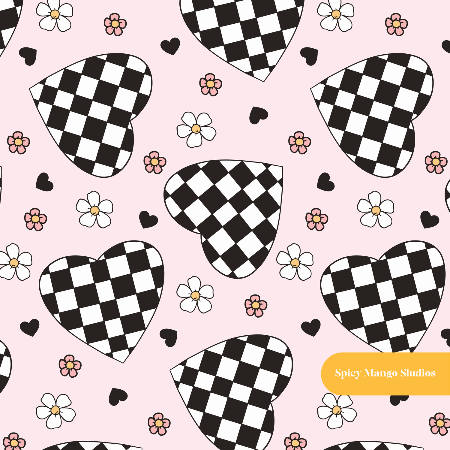 Light Pink Checkered Hearts Seamless Pattern