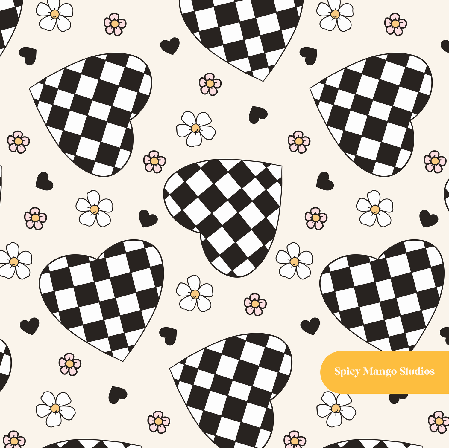 Neutral Checkered Hearts Seamless Pattern