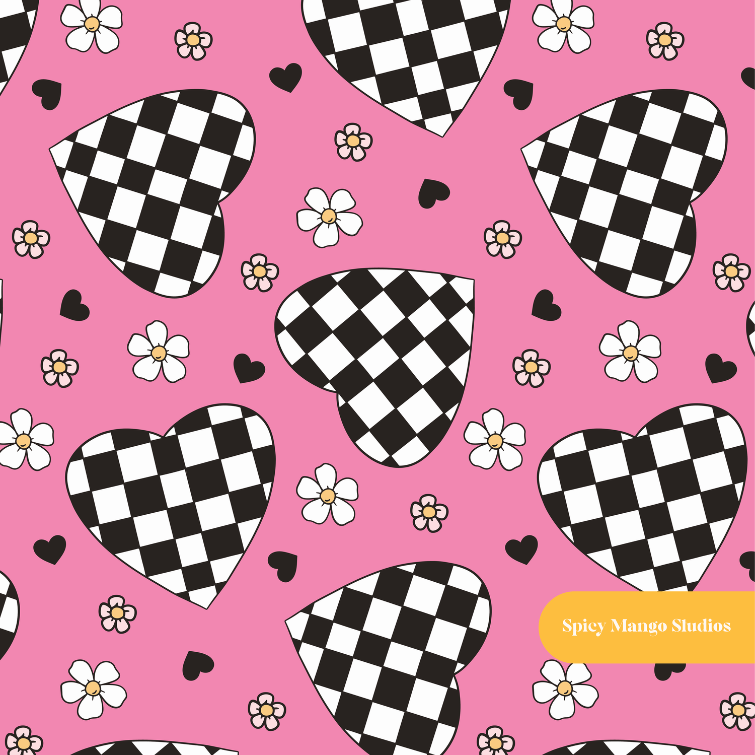 Pink Checkered Hearts Seamless Pattern