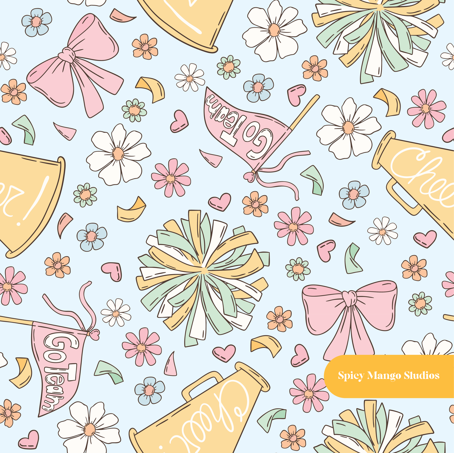 Light Blue and Yellow Cheerleader Seamless Pattern – Digital Download