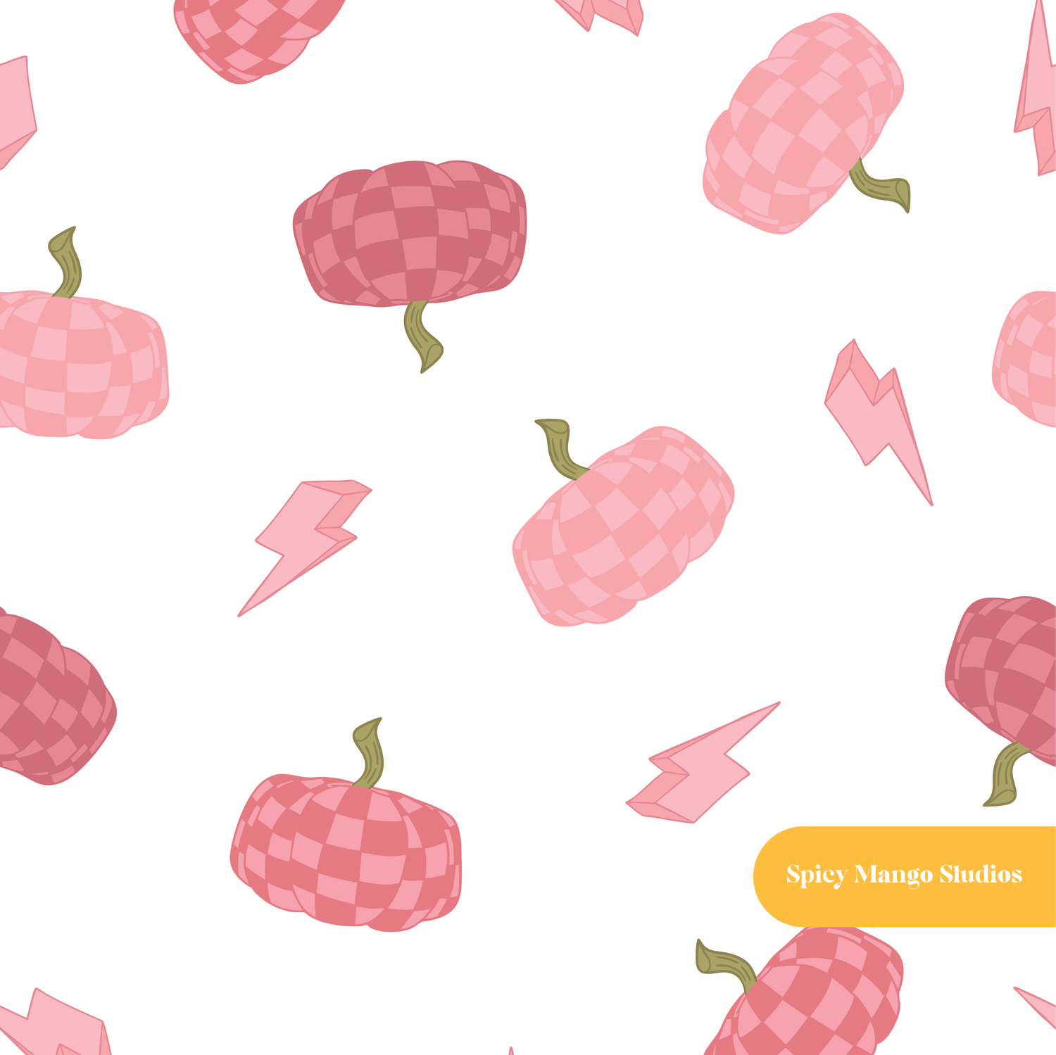 Pink and White Checkered Pumpkin Seamless Pattern