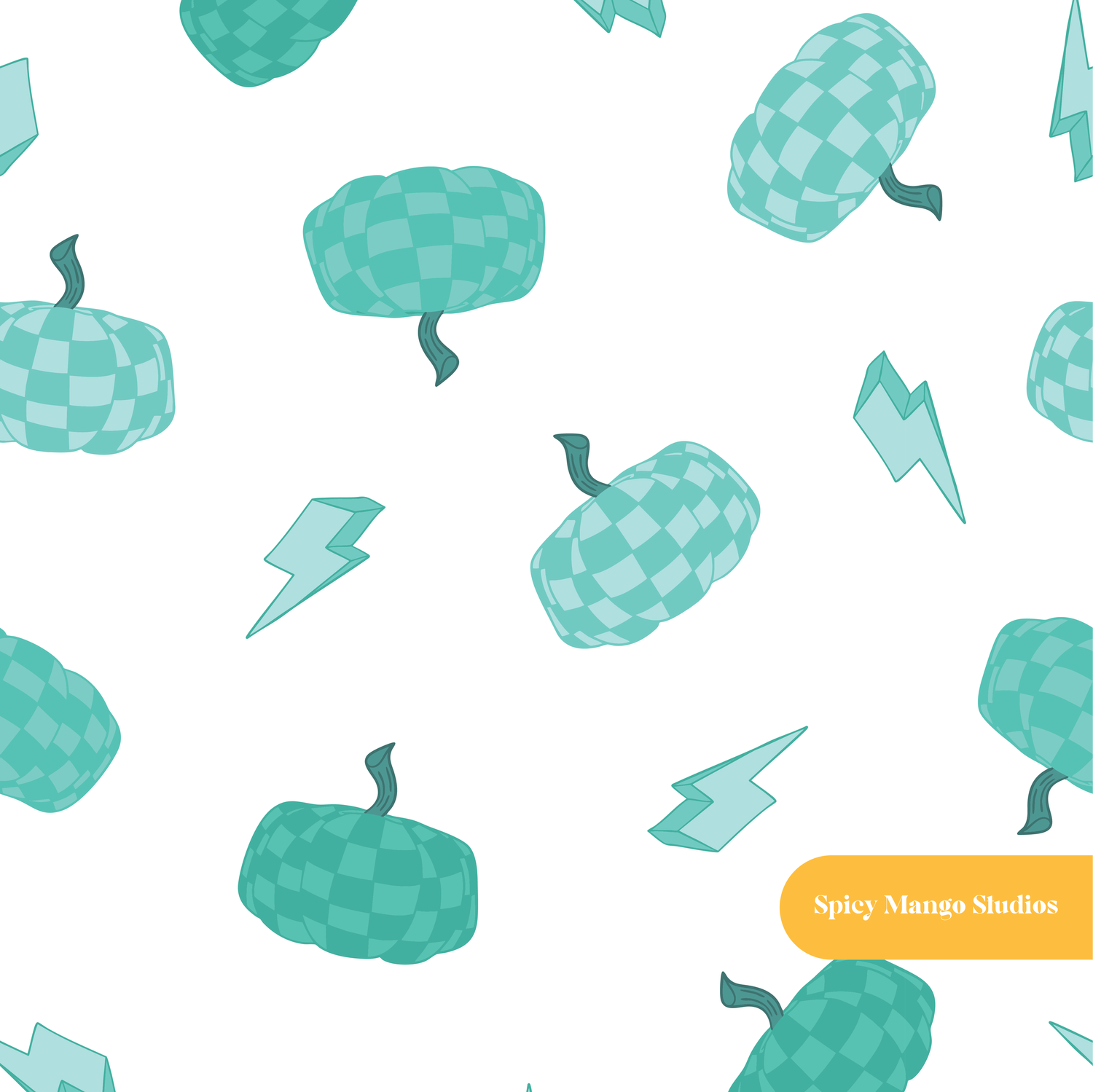 Teal and White Checkered Pumpkin Seamless Pattern