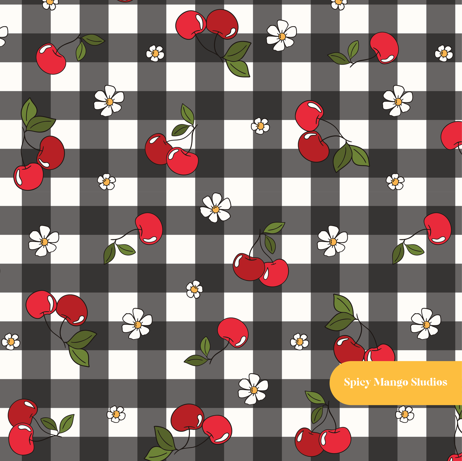 Black Gingham Cherry Cherry Seamless Pattern