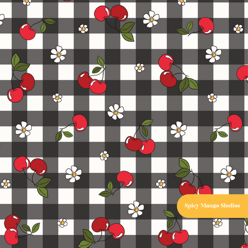 Black Gingham Cherry Cherry Seamless Pattern