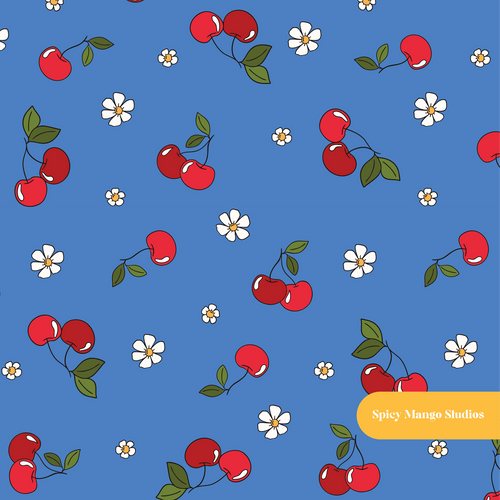 Blue Cherry Cherry Seamless Pattern