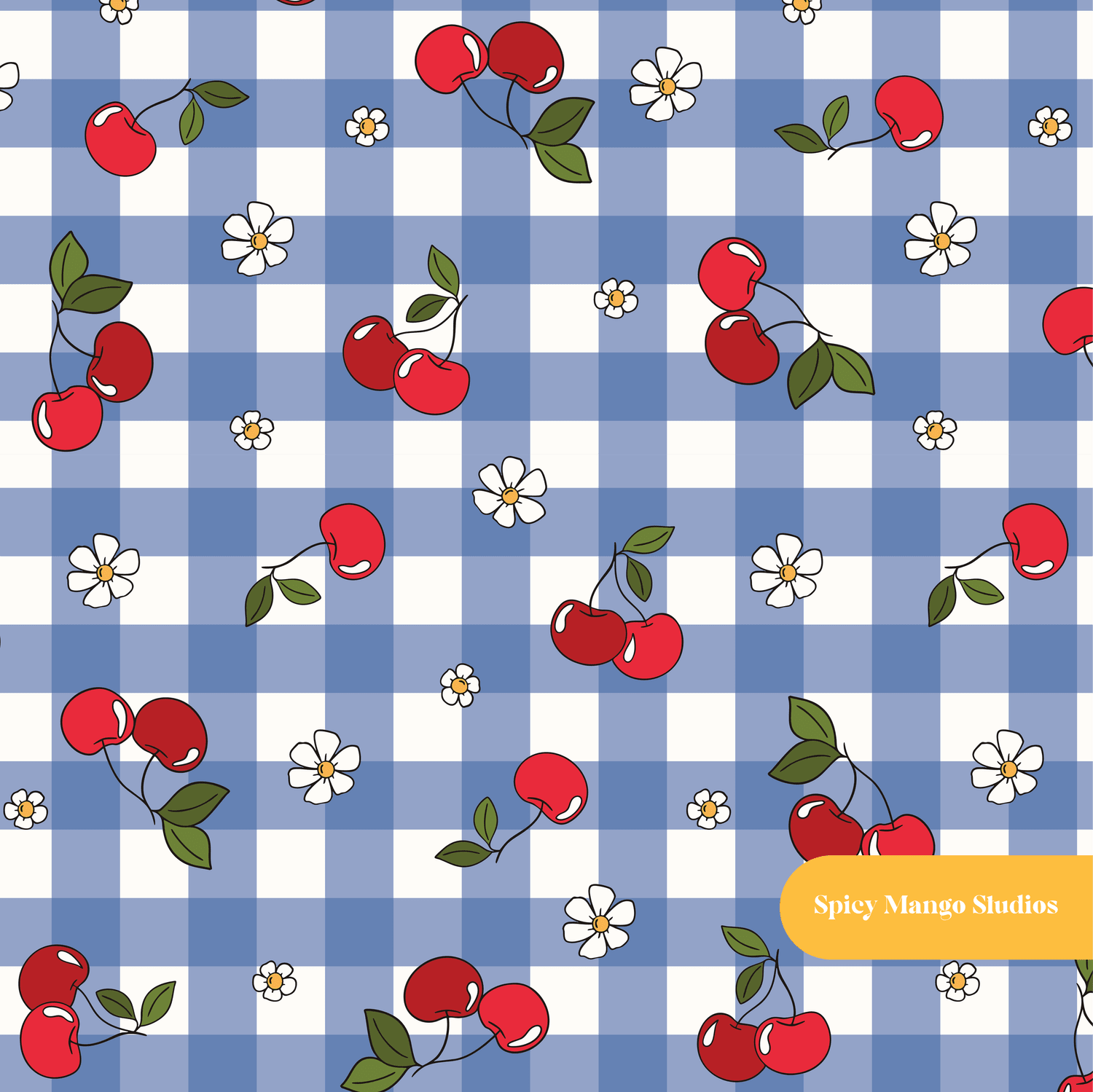 Blue Gingham Cherry Cherry Seamless Pattern