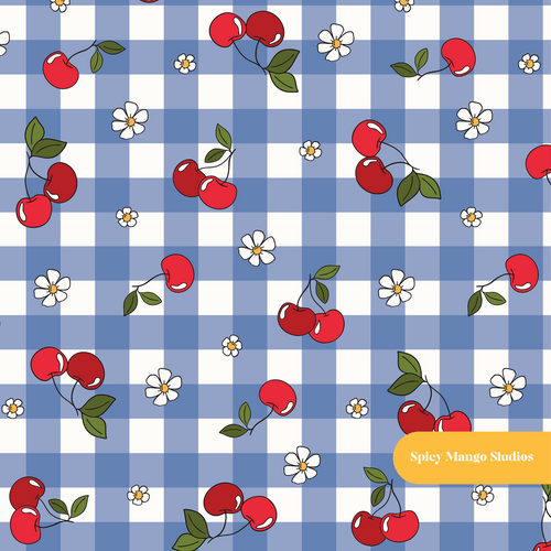 Blue Gingham Cherry Cherry Seamless Pattern
