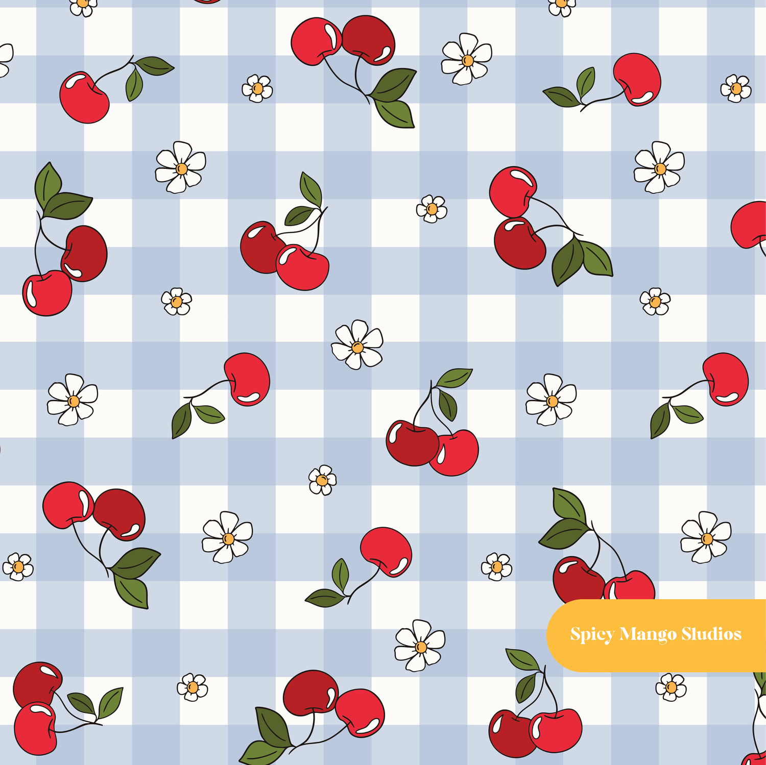 Light Blue Gingham Cherry Cherry Seamless Pattern