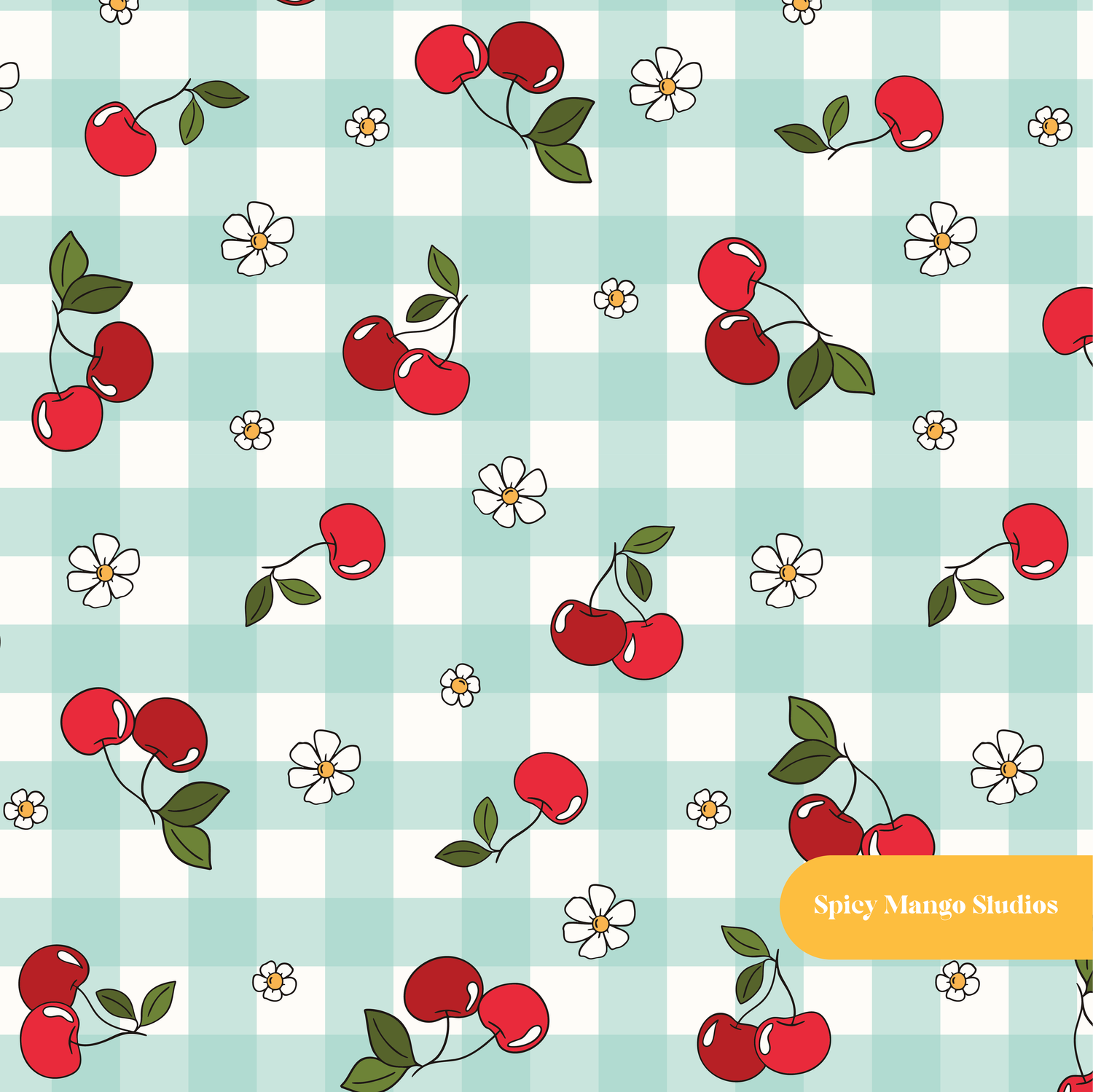 Mint Gingham Cherry Cherry Seamless Pattern