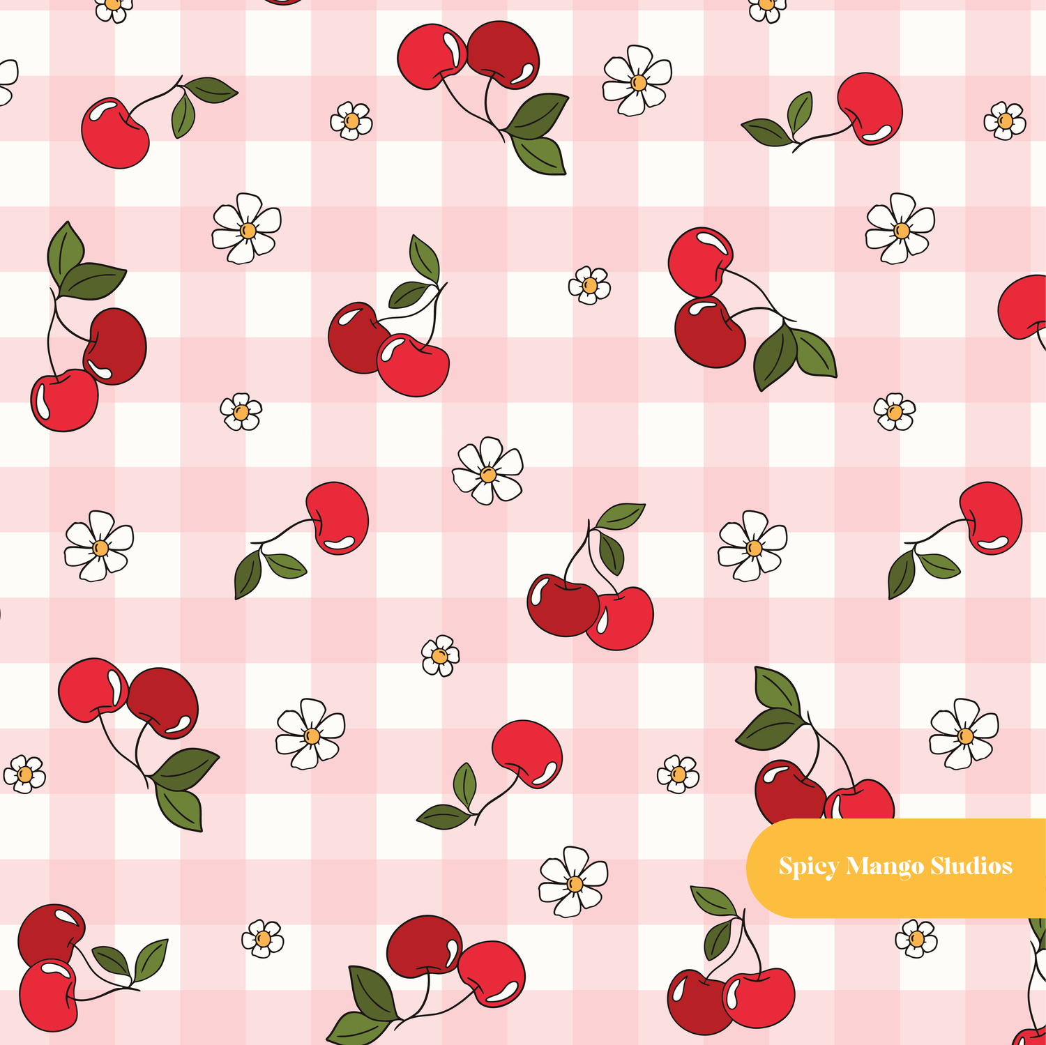 Pink Gingham Cherry Cherry Seamless Pattern