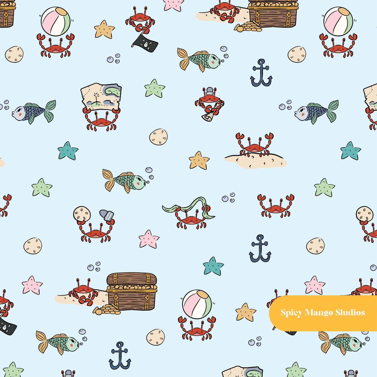 Light Blue Crabby Adventures Seamless Pattern