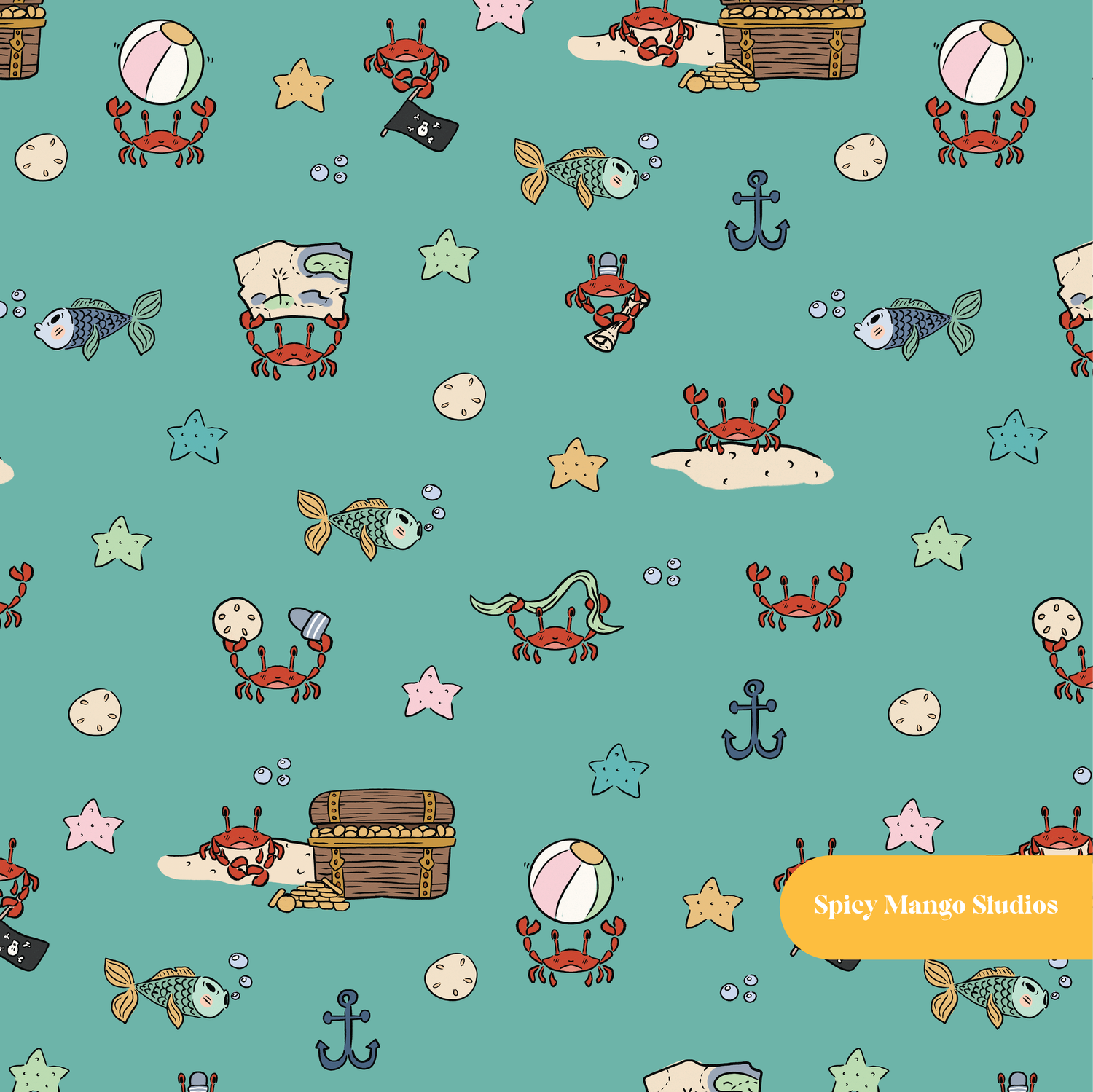 Teal Crabby Adventures Seamless Pattern
